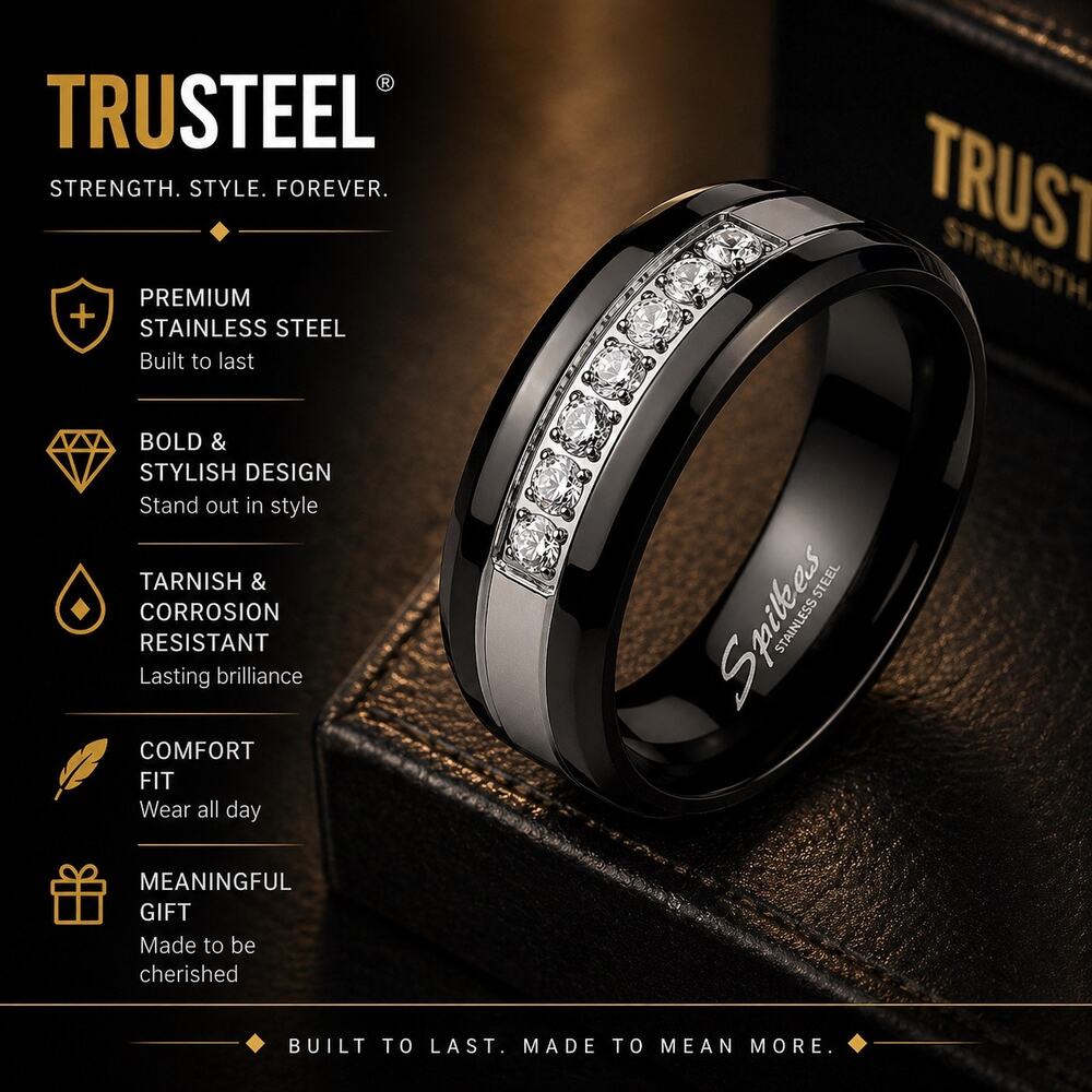 Men’s 7 CZ Lined Set Black 316L Stainless Steel Ring hypoallergenic size 12